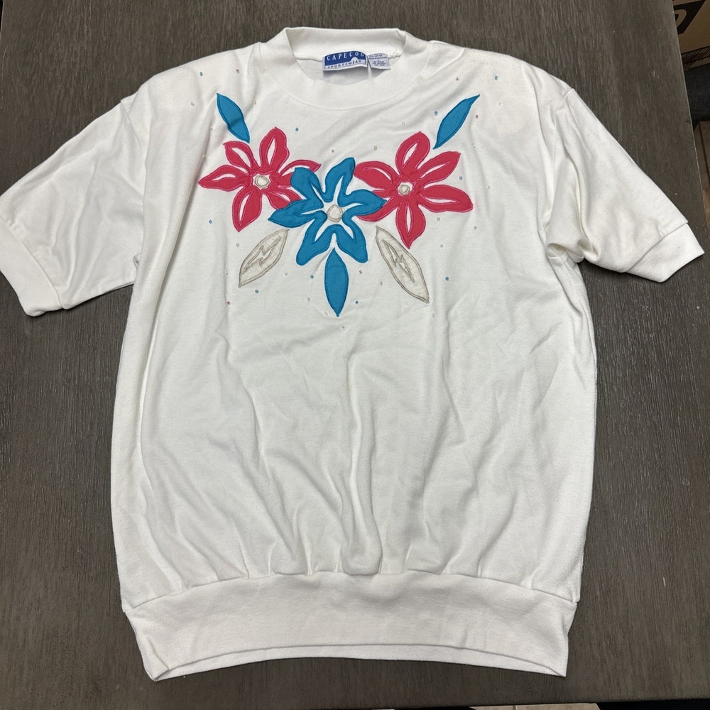 Vintage Granny Core Floral Graphic Print White Short Sleeve Sweater 70's StyleV8
